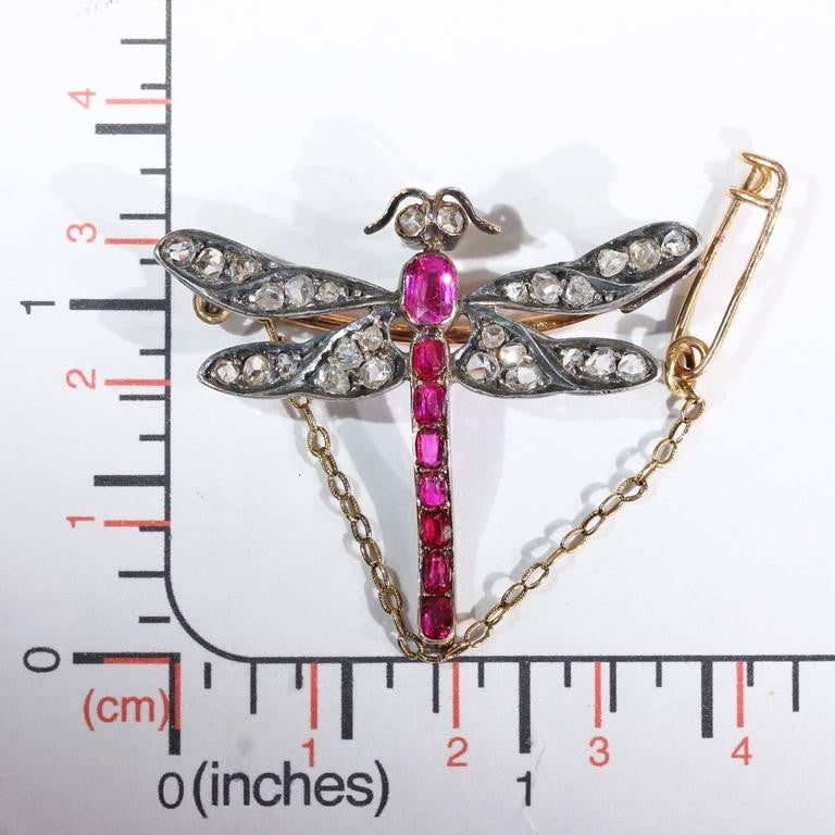 Art Nouveau French Ruby Diamond Dragonfly Brooch