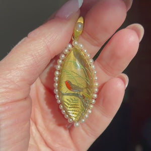Antique Essex Crystal Pearl Pendant Bird Locket Back