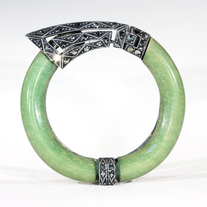 Antique Art Deco Connemara Marble Marcasite Clip