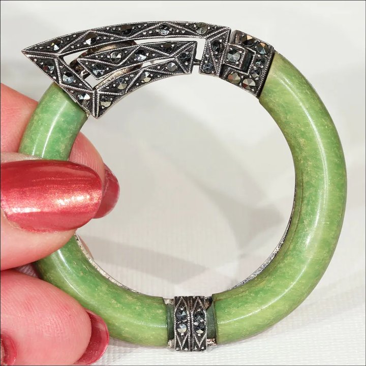 Antique Art Deco Connemara Marble Marcasite Clip