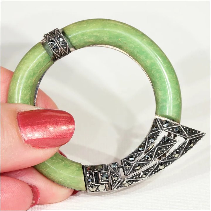 Antique Art Deco Connemara Marble Marcasite Clip