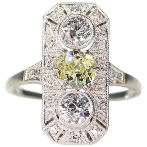 Antique Art Deco Yellow Diamond 3 Stone Ring Engagement Platinum