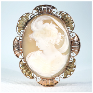 Antique Art Nouveau Cameo Brooch in Black Hills Gold Frame