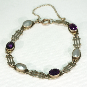 Antique Arts and Crafts Amethyst Mother of Pearl Bracelet 9k Gold