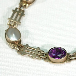 Antique Arts and Crafts Amethyst Mother of Pearl Bracelet 9k Gold