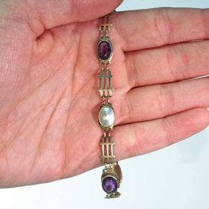 Antique Arts and Crafts Amethyst Mother of Pearl Bracelet 9k Gold