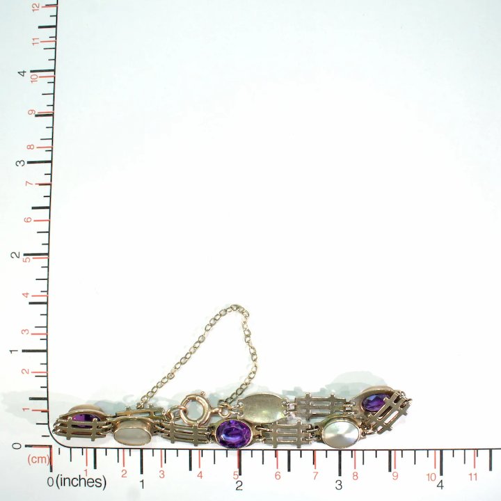 Antique Arts and Crafts Amethyst Mother of Pearl Bracelet 9k Gold