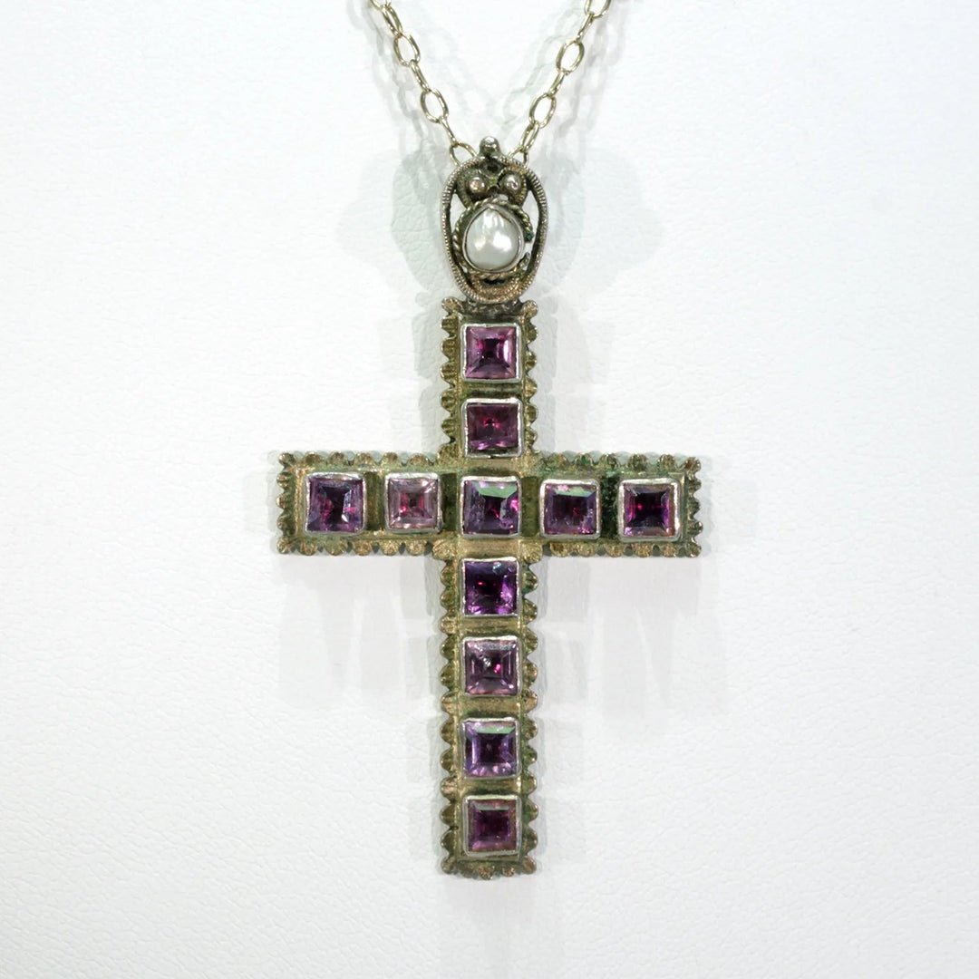 Antique Austro-Hungarian Amethyst Pearl Cross Pendant