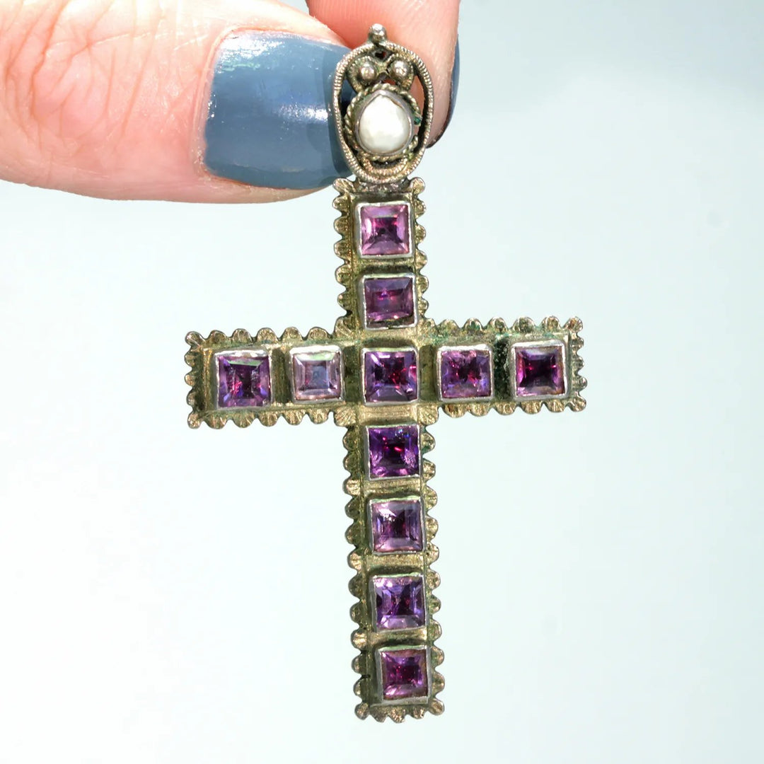 Antique Austro-Hungarian Amethyst Pearl Cross Pendant