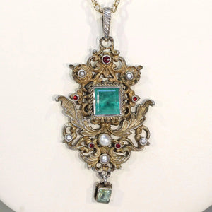 Antique Austro-Hungarian Emerald Pendant with Pearls and Rubies