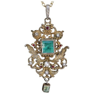 Antique Austro-Hungarian Emerald Pendant with Pearls and Rubies