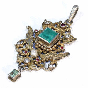 Antique Austro-Hungarian Emerald Pendant with Pearls and Rubies