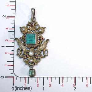 Antique Austro-Hungarian Emerald Pendant with Pearls and Rubies