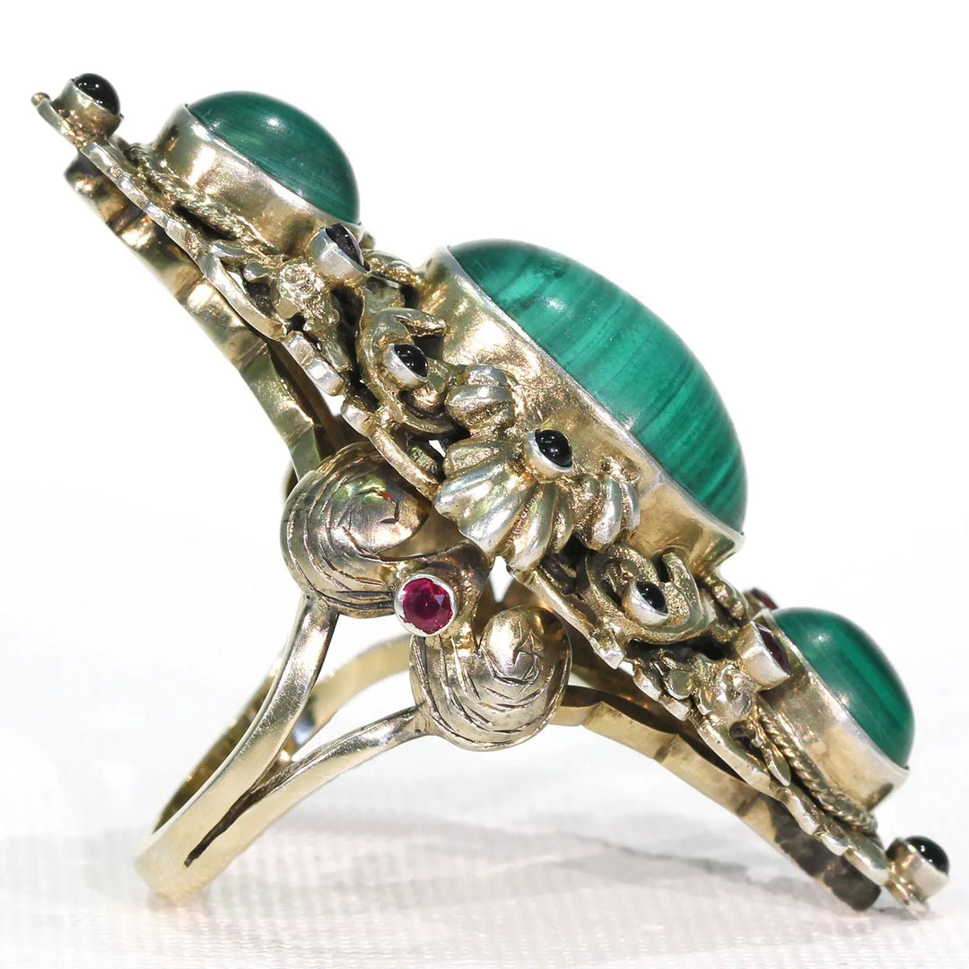 Antique Austro-Hungarian Malachite Garnet Ring in Silver Gilt