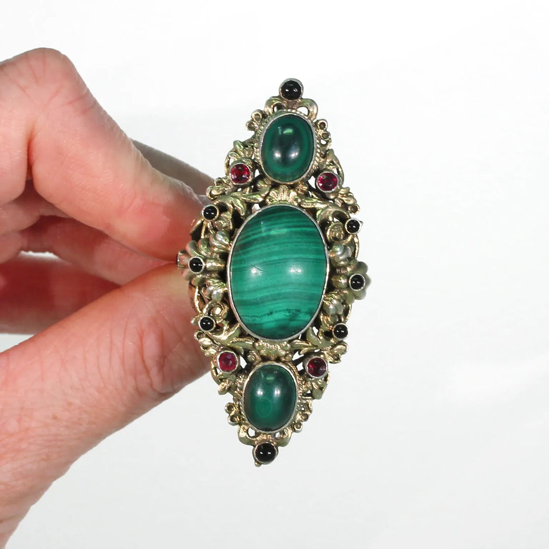 Antique Austro-Hungarian Malachite Garnet Ring in Silver Gilt