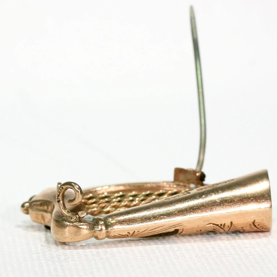 Antique Connemara Marble Gold Scottish Harp Brooch Pin