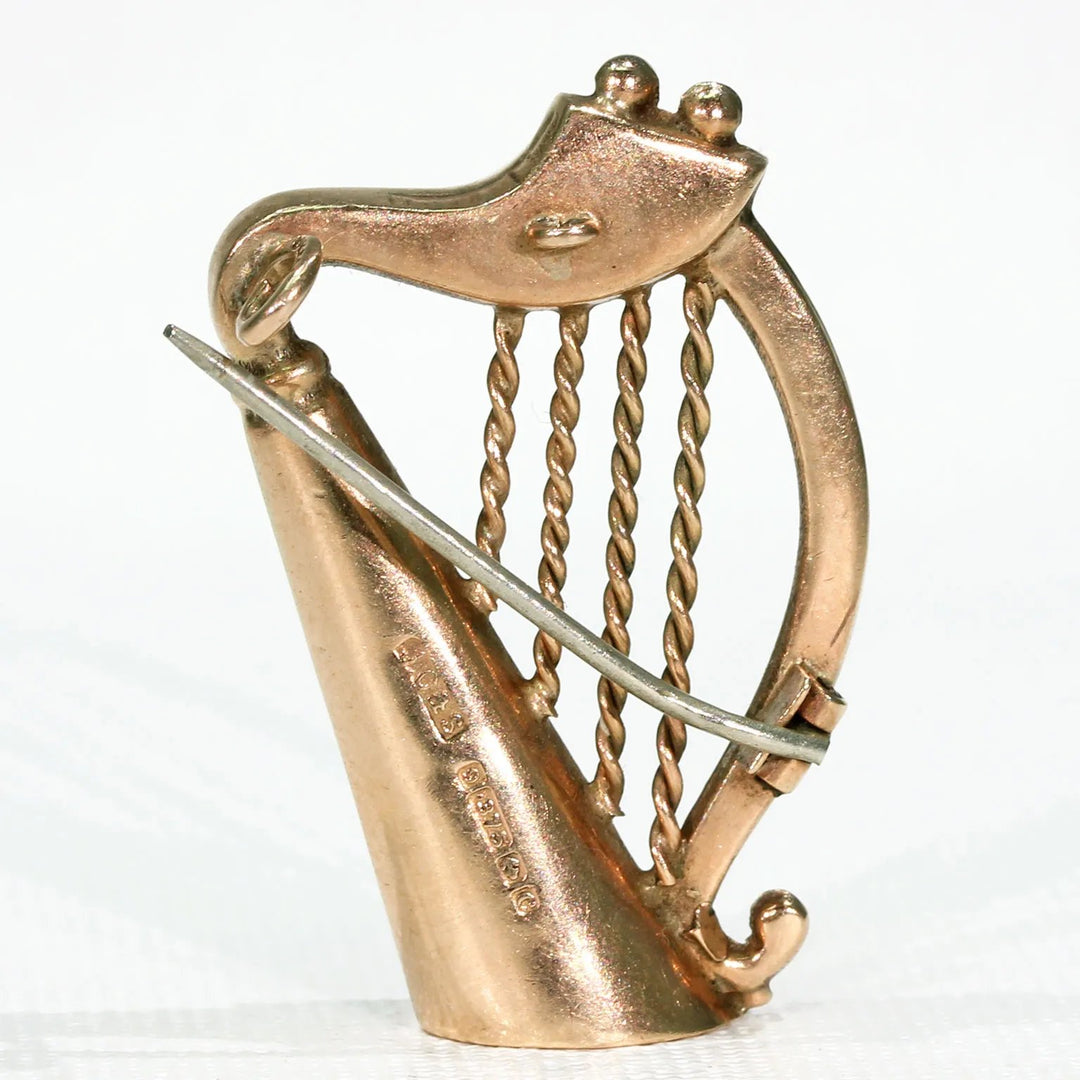 Antique Connemara Marble Gold Scottish Harp Brooch Pin