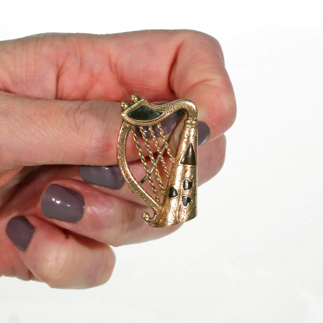 Antique Connemara Marble Gold Scottish Harp Brooch Pin