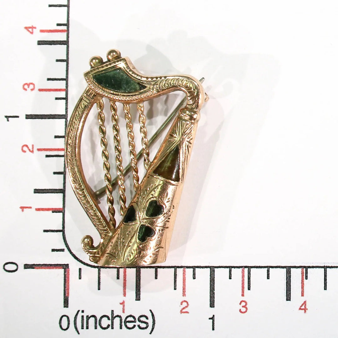 Antique Connemara Marble Gold Scottish Harp Brooch Pin