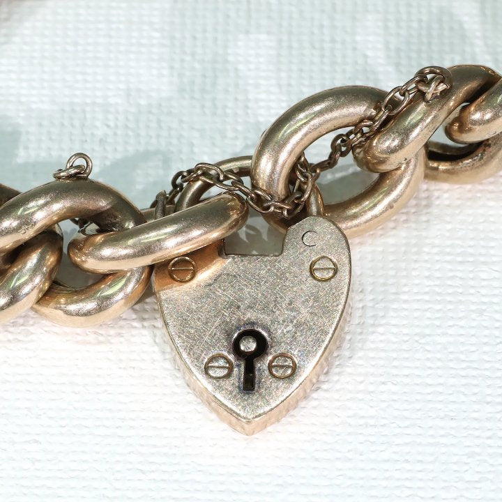 Antique Edwardian Curb Link Bracelet with Heart Lock 9k Gold