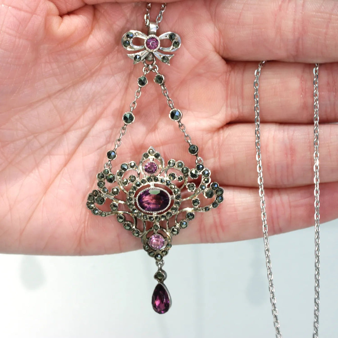 Antique Edwardian Silver Marcasite Amethyst Necklace