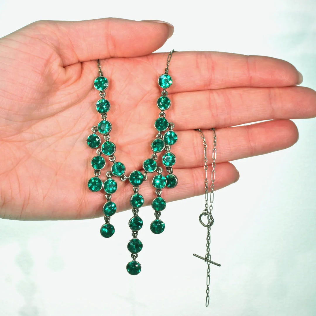 Antique Emerald Green Paste Silver Necklace