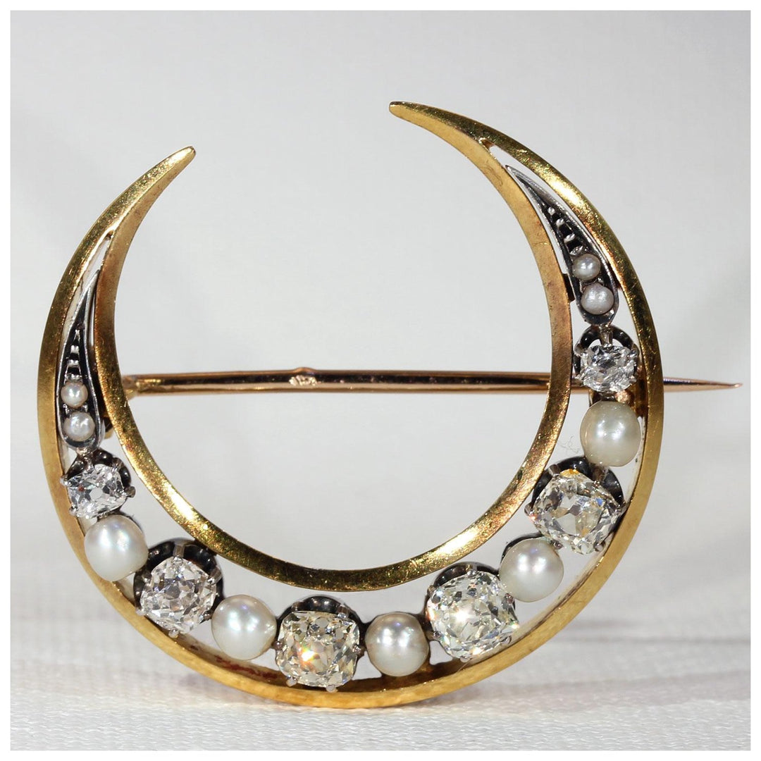 Antique French Diamond Pearl Crescent Brooch Pendant