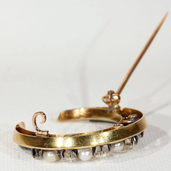 Antique French Diamond Pearl Crescent Brooch Pendant