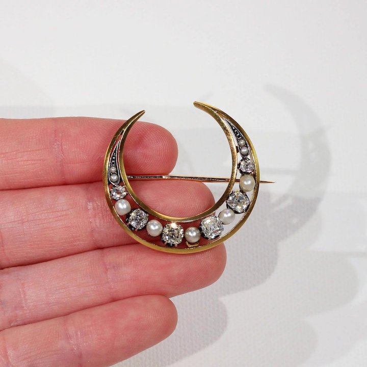 Antique French Diamond Pearl Crescent Brooch Pendant