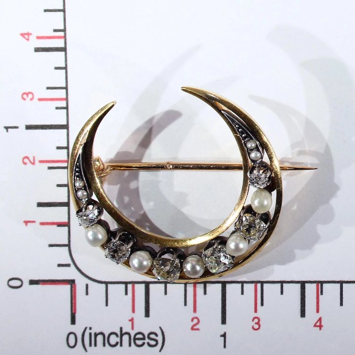 Antique French Diamond Pearl Crescent Brooch Pendant