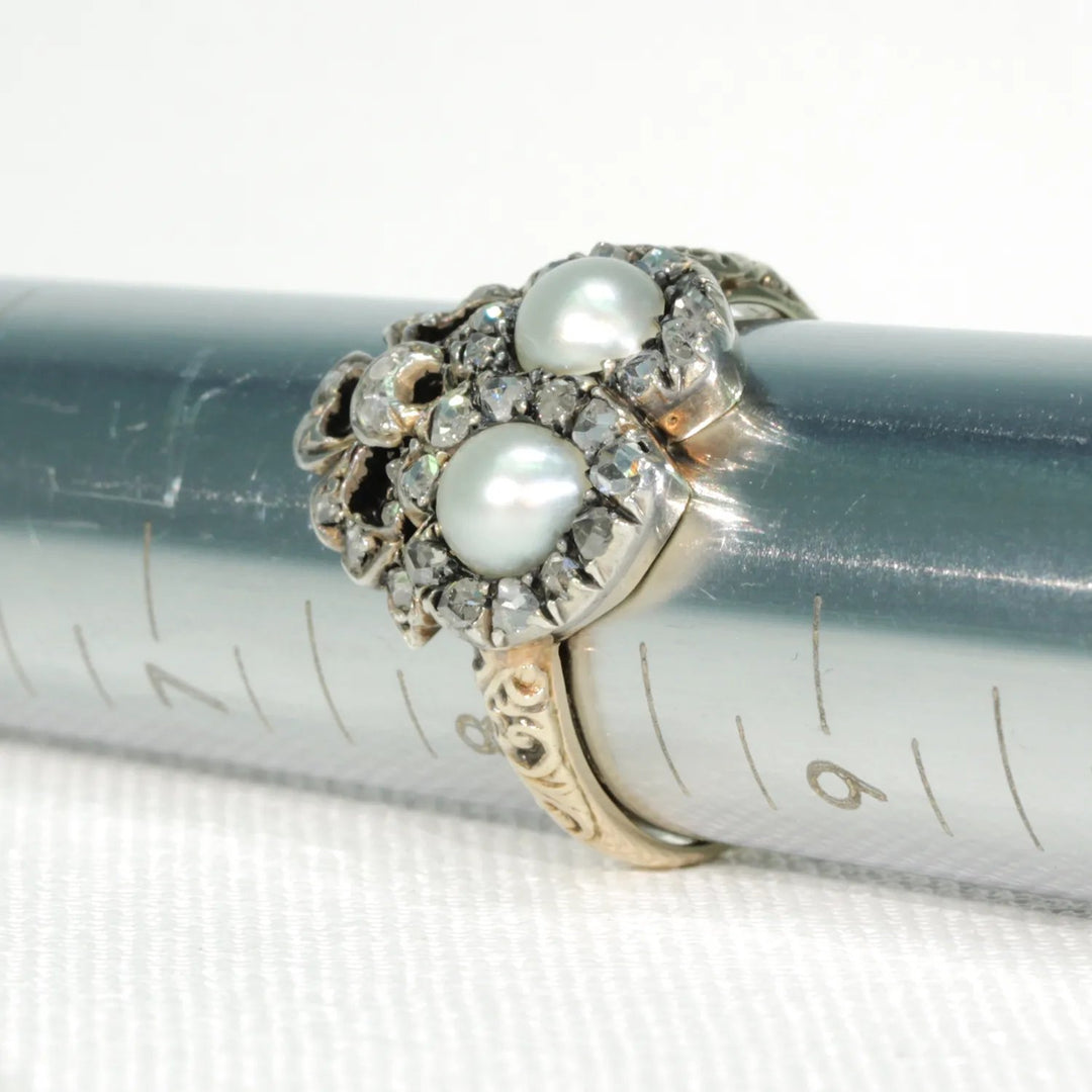 Antique French Double Heart Pearl Diamond Ring