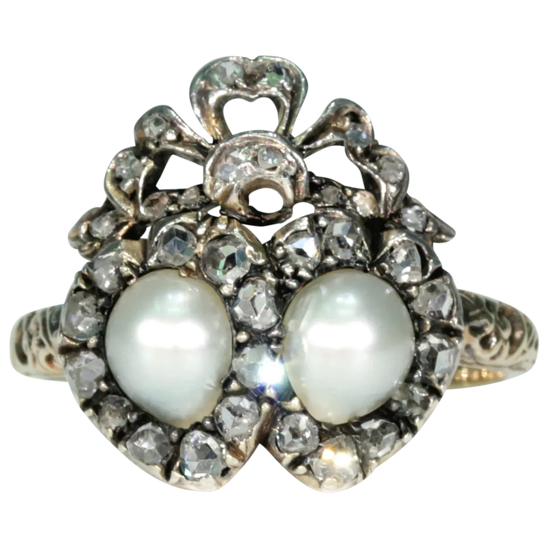 Antique French Double Heart Pearl Diamond Ring