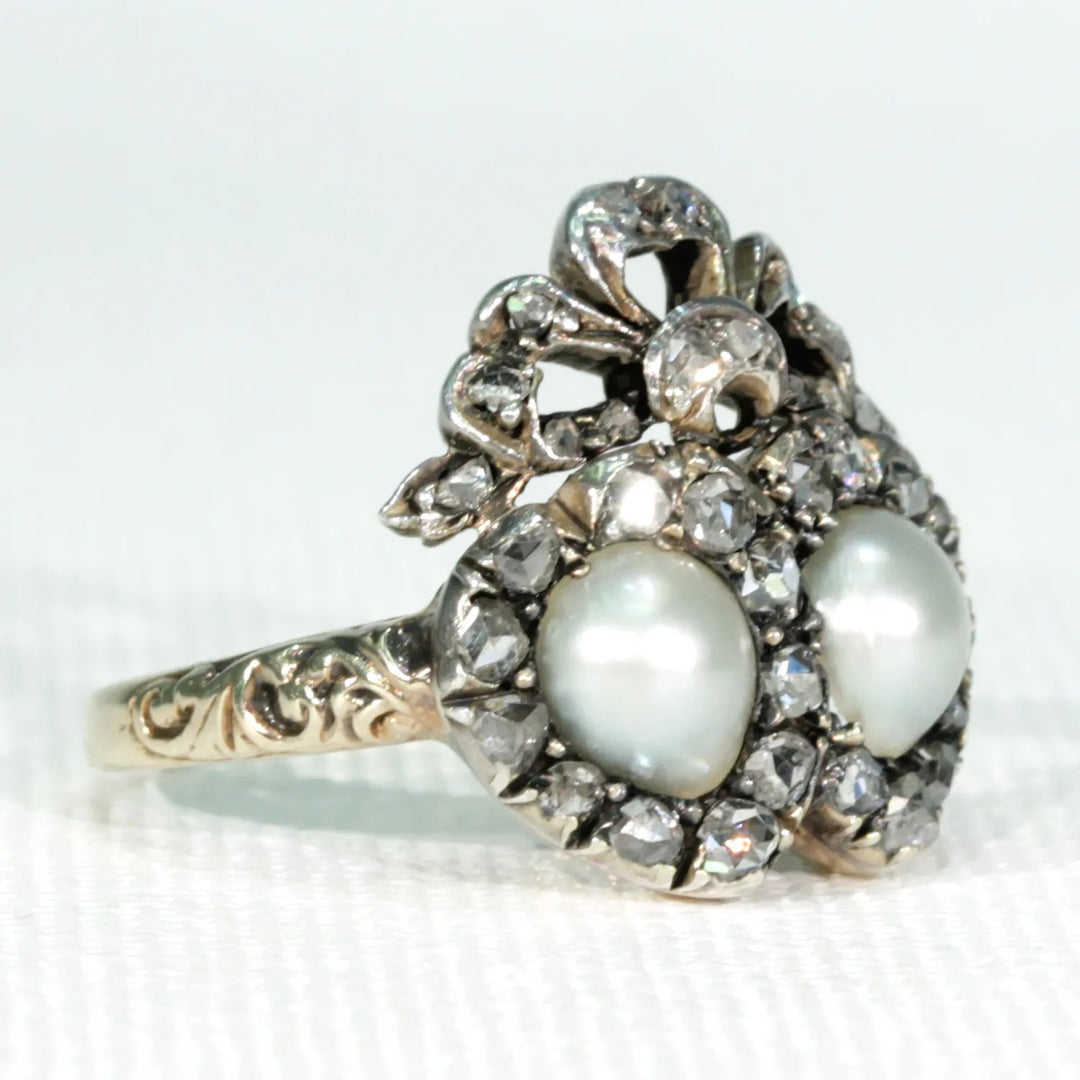 Antique French Double Heart Pearl Diamond Ring
