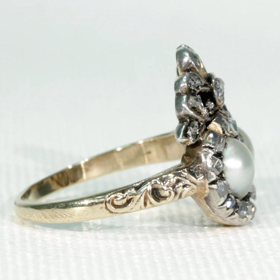 Antique French Double Heart Pearl Diamond Ring
