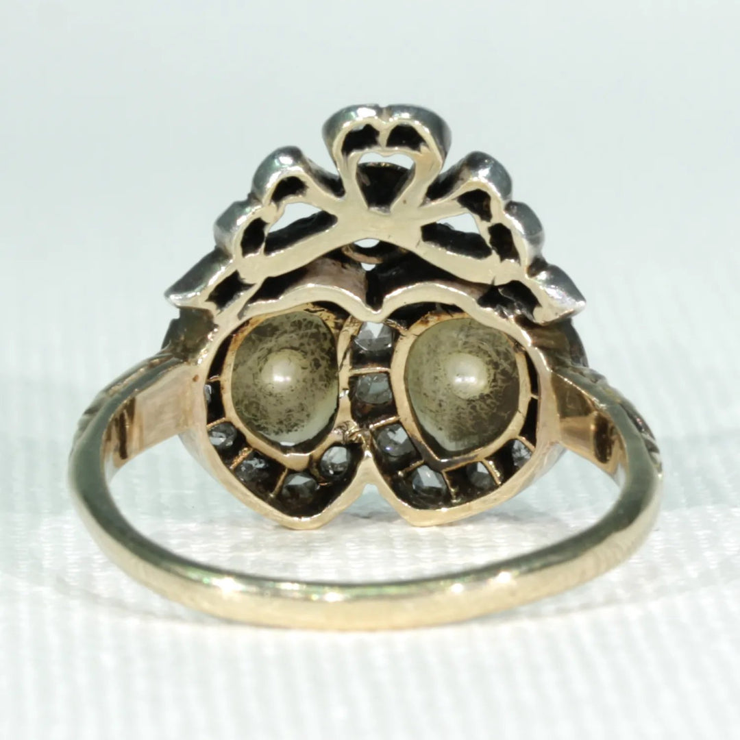 Antique French Double Heart Pearl Diamond Ring