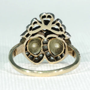 Antique French Double Heart Pearl Diamond Ring