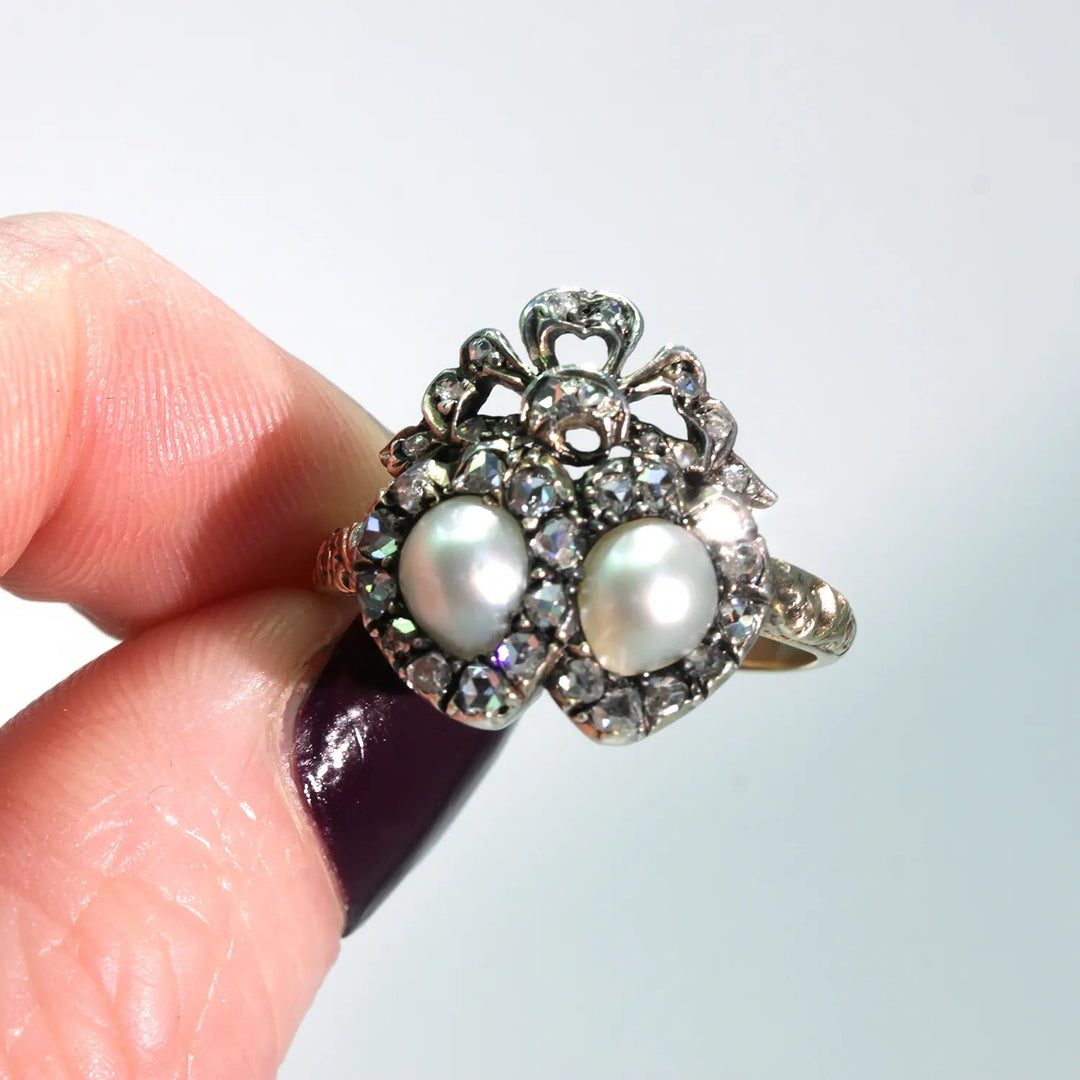 Antique French Double Heart Pearl Diamond Ring