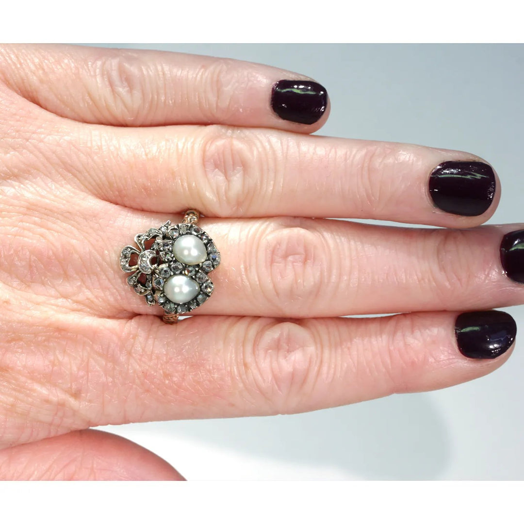 Antique French Double Heart Pearl Diamond Ring
