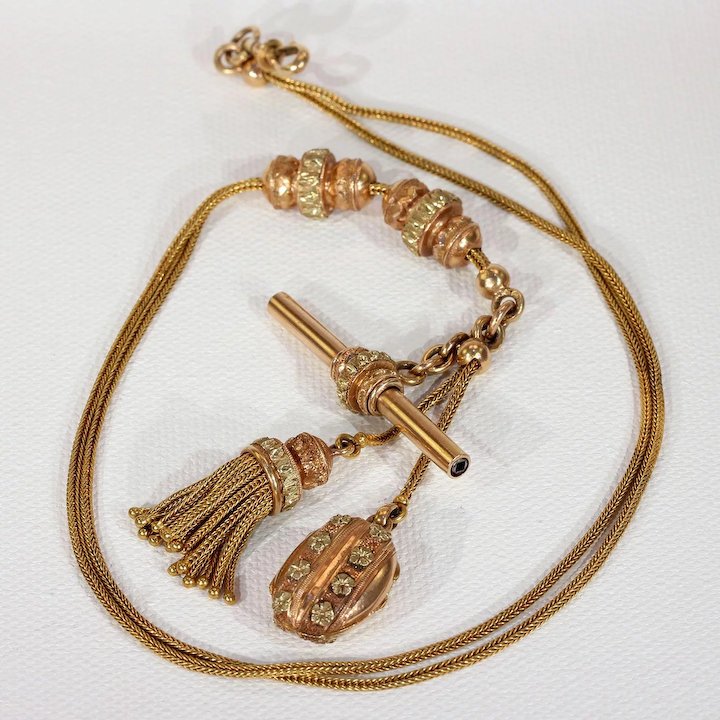 Antique French Gold Watch Chain Necklace Locket Tassel T-bar