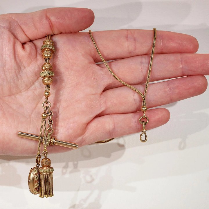 Antique French Gold Watch Chain Necklace Locket Tassel T-bar