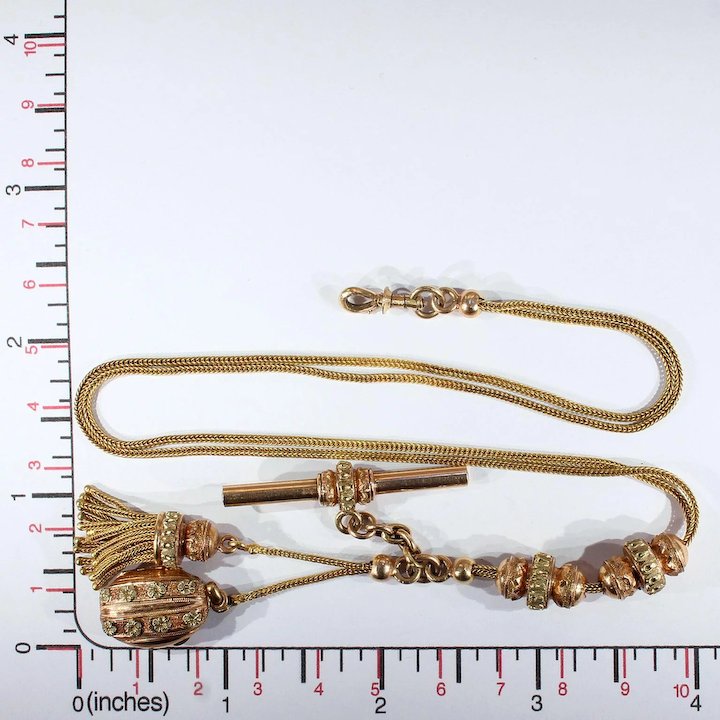 Antique French Gold Watch Chain Necklace Locket Tassel T-bar
