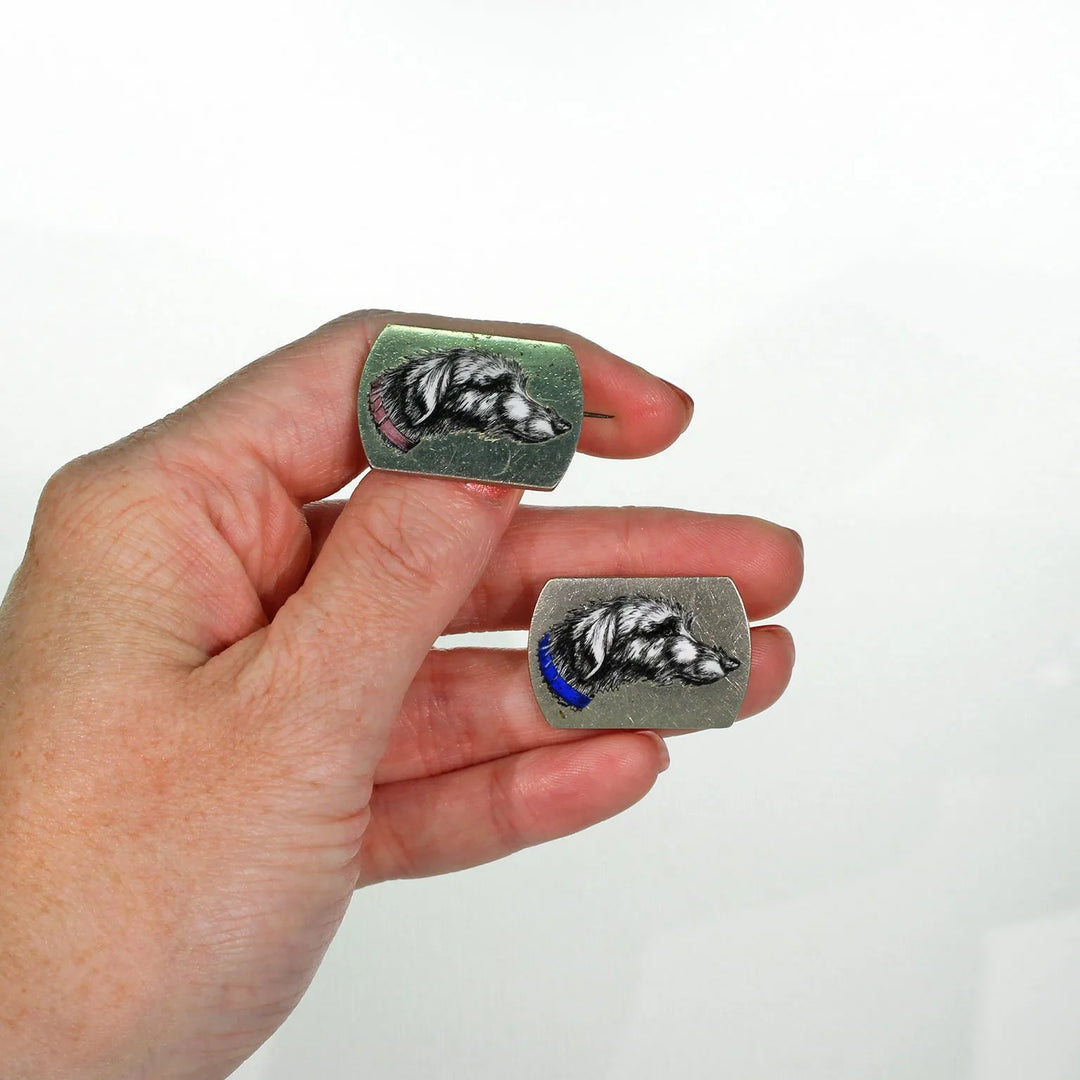 Antique French Wolf Hound Enamel Wedding Set Brooch and Stud Silver