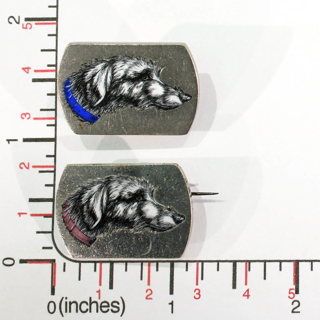 Antique French Wolf Hound Enamel Wedding Set Brooch and Stud Silver