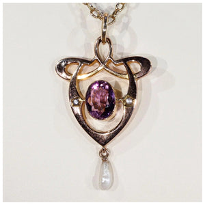 Antique Gold Art Nouveau Pearl Amethyst Pendant