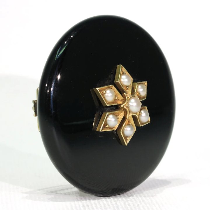 Antique Gold Black Onyx Pearl Memorial Brooch Pin 18kt