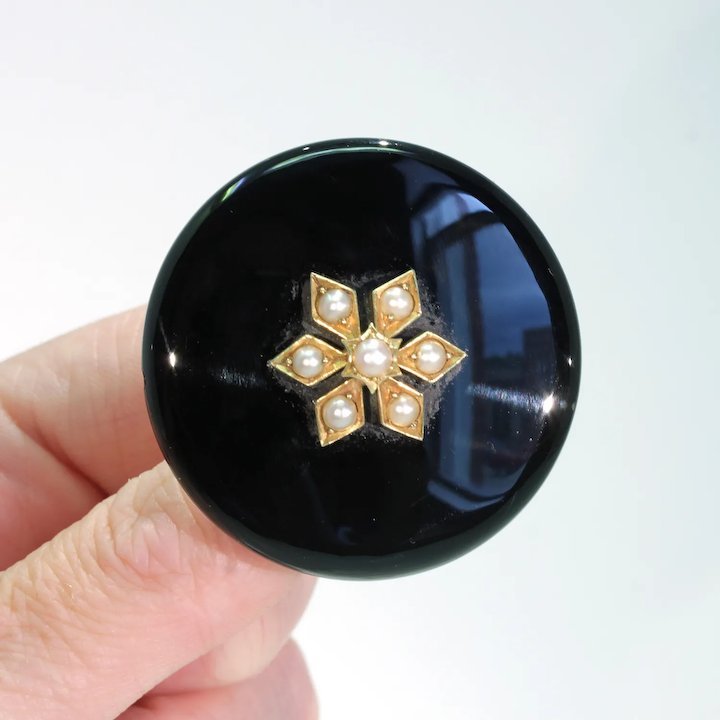 Antique Gold Black Onyx Pearl Memorial Brooch Pin 18kt