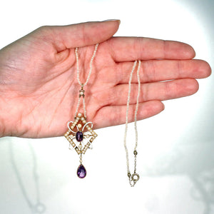 Antique Gold Enamel Amethyst Pearl Pendant Necklace on Pearl Chain