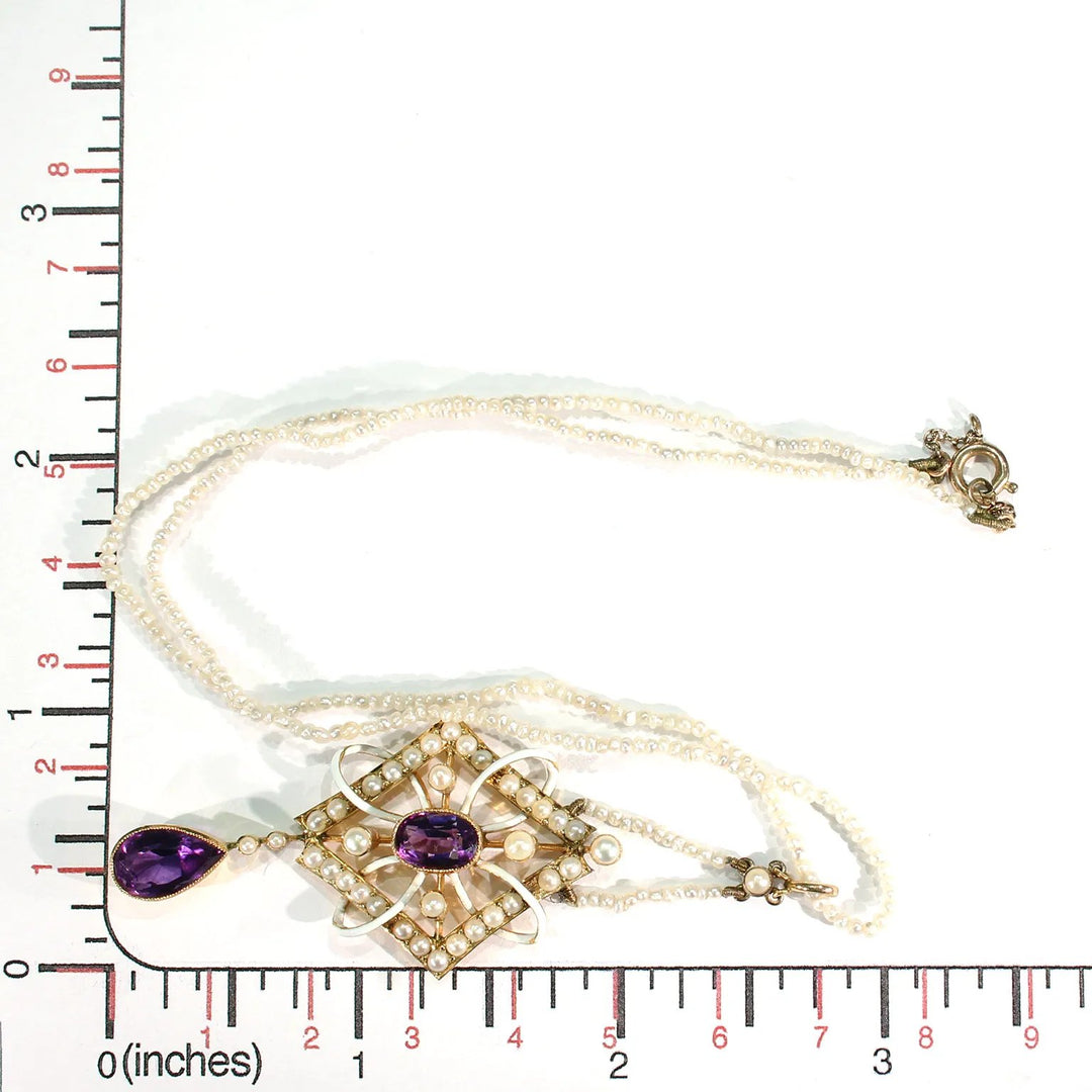 Antique Gold Enamel Amethyst Pearl Pendant Necklace on Pearl Chain