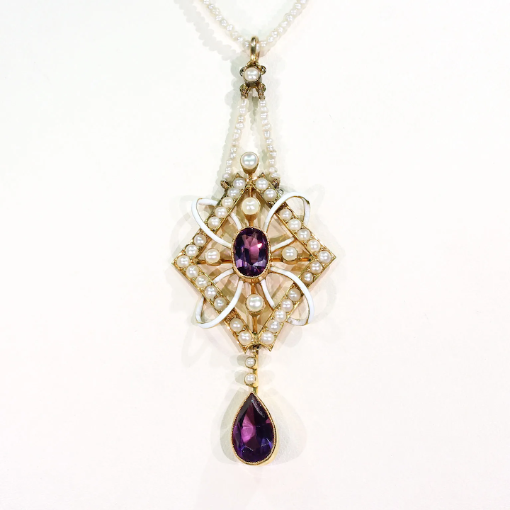 Antique Gold Enamel Amethyst Pearl Pendant Necklace on Pearl Chain