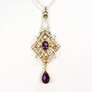 Antique Gold Enamel Amethyst Pearl Pendant Necklace on Pearl Chain